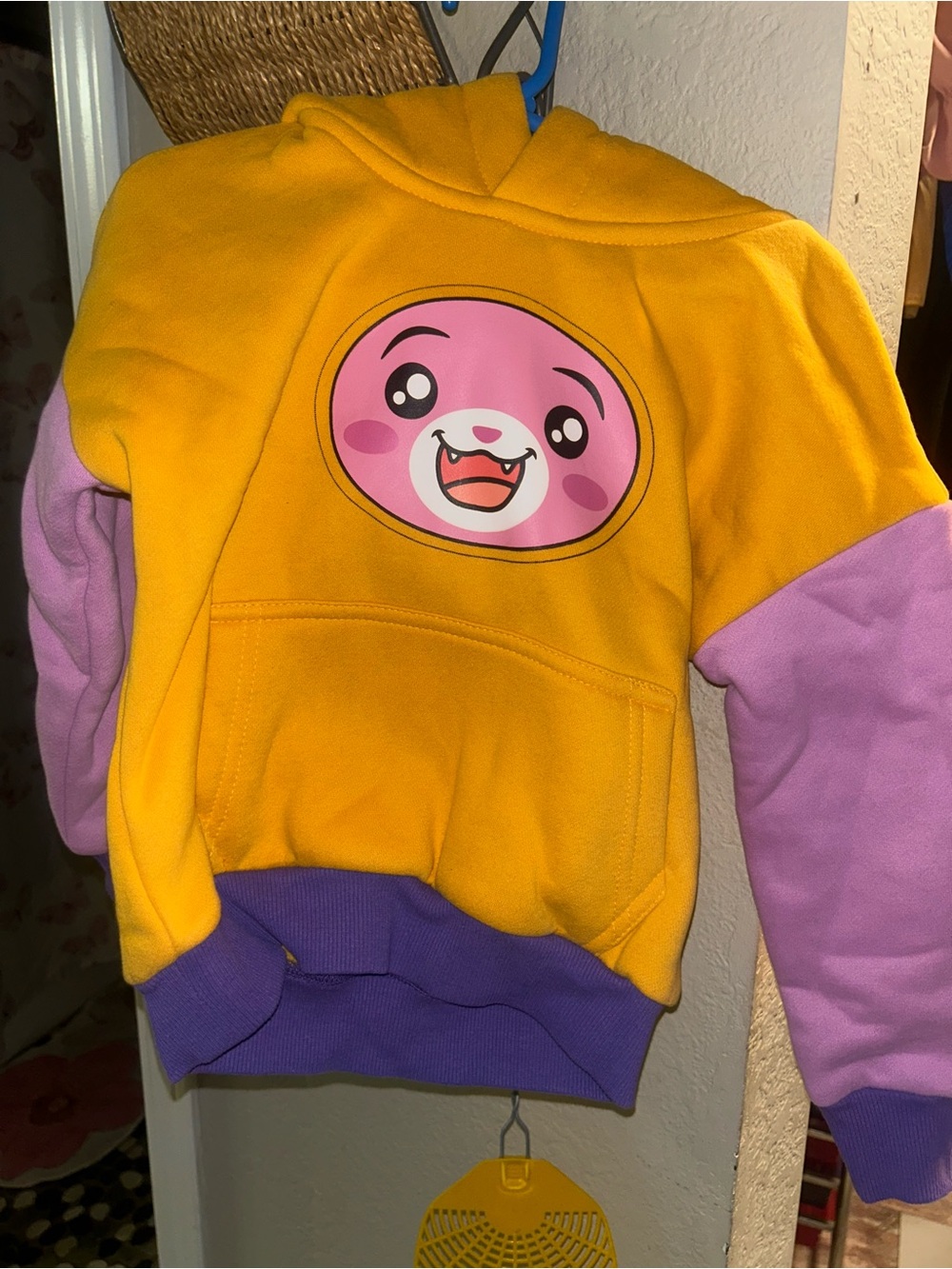 Kids Yellow & Purple Hooded Pullover with Pink Character Graphic